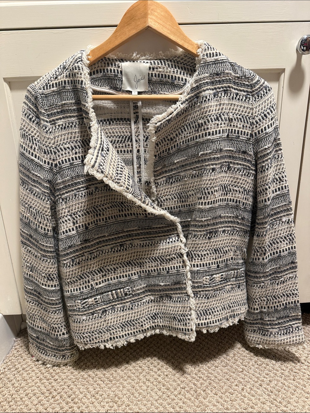 Joie Cream and Black Textured Open-Front Blazer